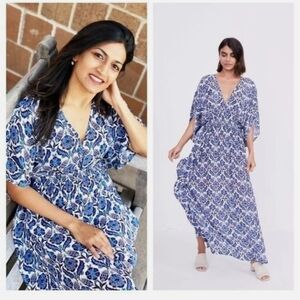 Ruiuta Sheth Anthropologie Marie White Blue Lotus Maxi Kaftan Dress M/L